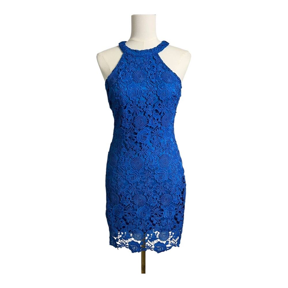 Lulu's Cobalt Blue Floral Lace Halter Mini Dress